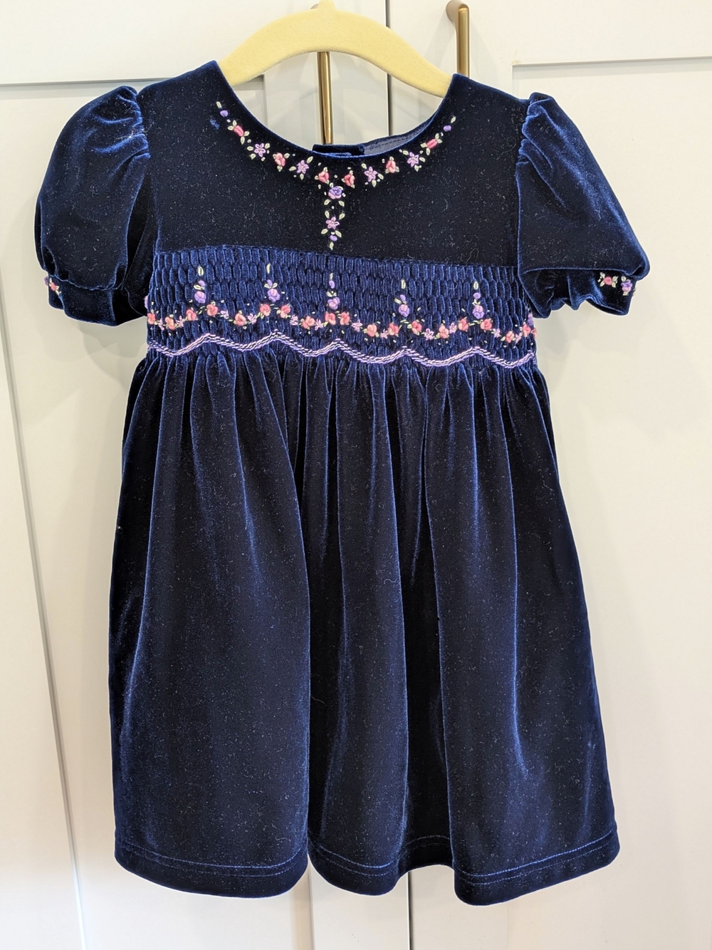 Vintage Marks & Spencer Navy Velvet Dress with Pink Floral Embroidery/Smocking